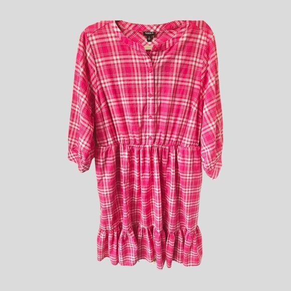60% OFF NEW TORRID Plus Size Pink, White Plaid Mini Voile Mandarin Collar Dress - Picture 2 of 16
